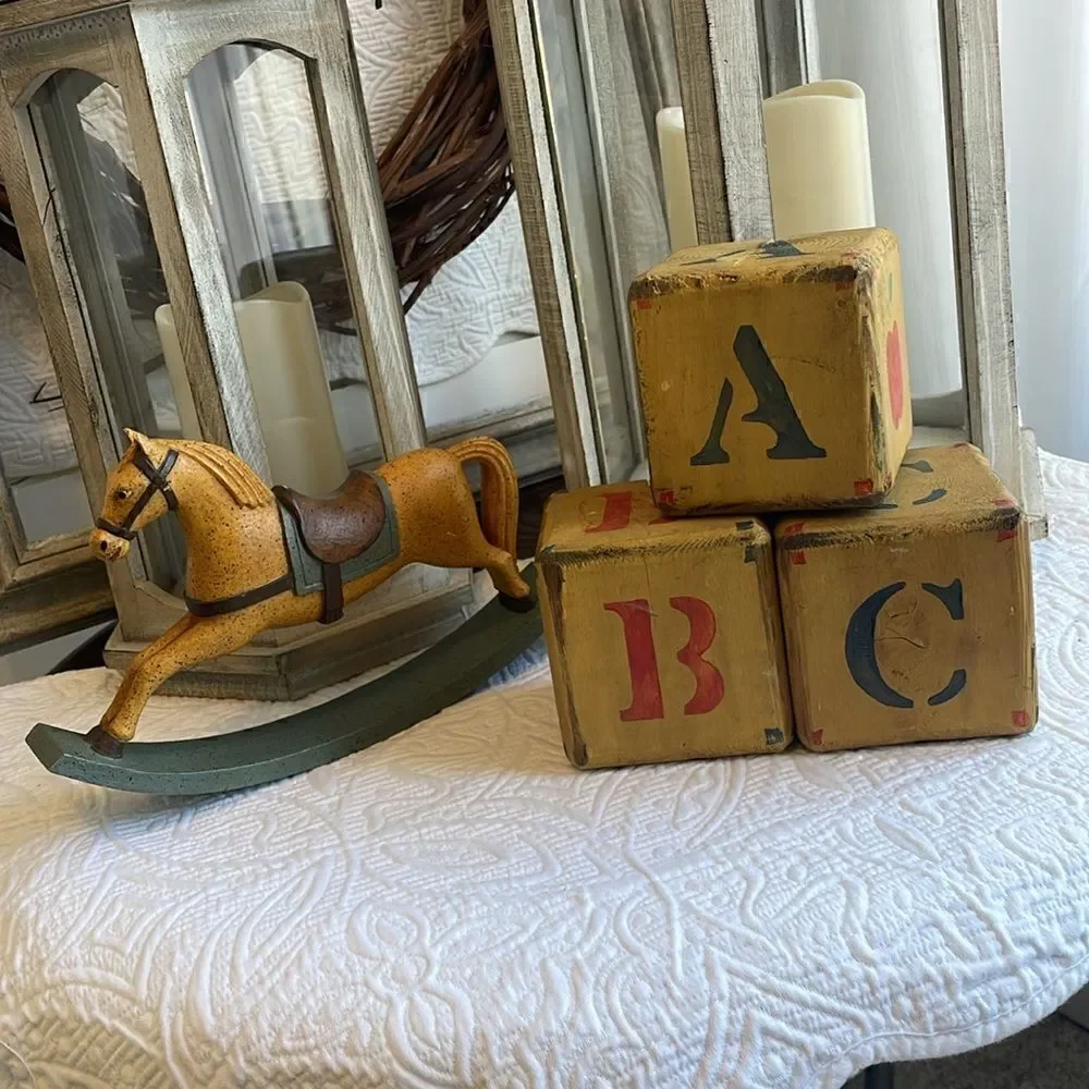 Set of 3 Large Vintage Folk Art Hand Made Wood Blocks